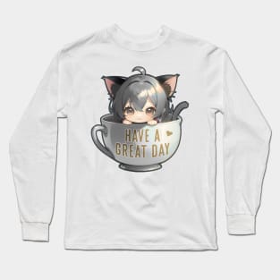 Anime Cup Cat Have a Great Day Long Sleeve T-Shirt